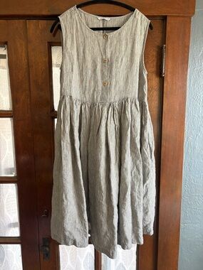 Linenfox Sleeveless Joy Striped Button Front Linen Dress Gray White Small/Medium